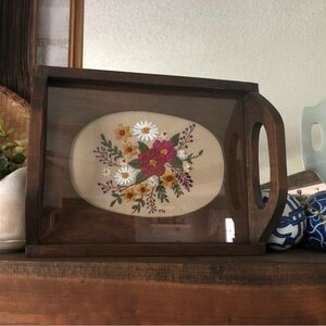 Vintage  Needlepoint Wood Glass Serving Tray